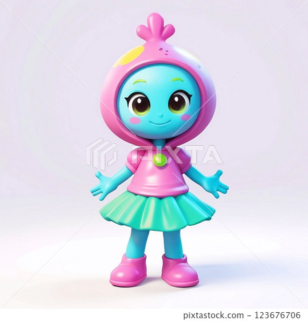 Blue-skinned alien character wearing pink hoodie, turquoise skirt, standing against white background. Large eyes conveying playful, friendly demeanor. Full-length portrait 123676706