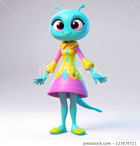 Smiling extraterrestrial figure wearing colorful dress, standing against minimalist background, radiating welcoming persona with playful cartoon-style design 123676721