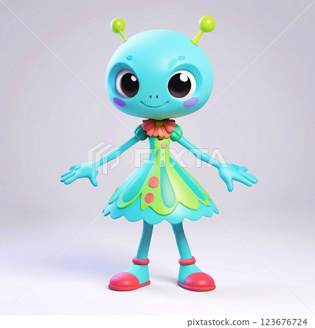 Friendly cartoon alien standing with open arms, wearing vibrant dress and shoes, radiating welcoming playful energy against neutral background 123676724