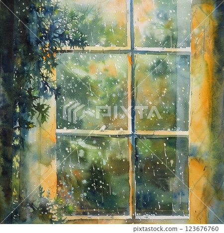 Relaxing watercolor painting of rain falling on a window with green trees in the background, creating a cozy and peaceful atmosphere, perfect for art lovers 123676760