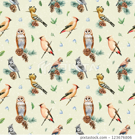 watercolor seamless pattern with owls, birds, pine cones, green branches and flowers for woodland decor, textile, fabric watercolor seamless pattern with owls, birds, pine cones, green branches and flowers for woodland decor, textile, fabric 123676806