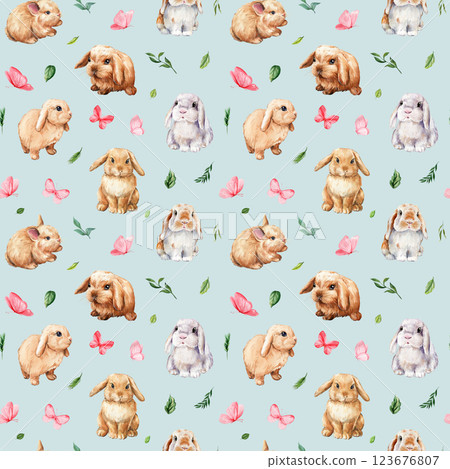 Watercolor seamless pattern with fluffy rabbits, pink butterflies, green leaves. Art background for kids fabric, decor 123676807