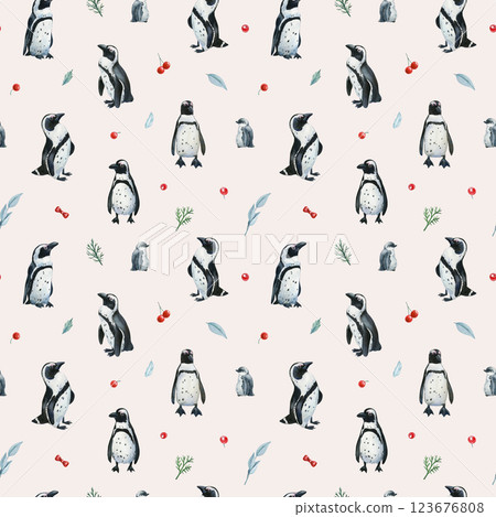 watercolor seamless pattern with penguins, red berries and green leaves, background winter decor, wrapping and fabric watercolor seamless pattern with penguins, red berries and green leaves, background winter decor, wrapping and fabric 123676808