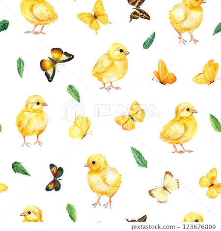 Seamless pattern with yellow chicks, butterflies, leaves for baby fabric, wrapping, textile and wallpaper Watercolor art 123676809