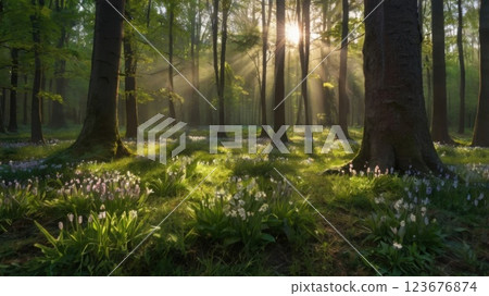 Beautiful firefly in the night at nature forest. Spring banner, spring update concept 123676874