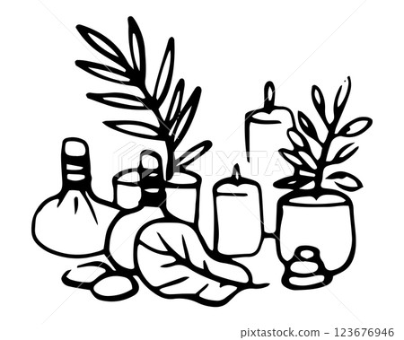Massage accessories Vector thai illustration on isolated background. Naive Linear contour illustration spa equipment for logotype or design aromatherapy. Black and white contour drawing thai massage. Massage accessories Vector thai illustration on isolated background. Naive Linear contour illustration spa equipment for logotype or design aromatherapy. Black and white contour drawing thai massage. 123676946
