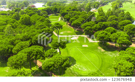 Aerial view of a golf course with sand bunkers, lush green trees, and winding paths 123676948