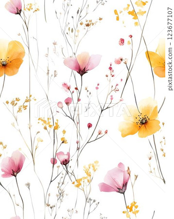 Watercolor floral pattern with pink, yellow blossoms and verdant leaves spreading across white background, complementing design projects 123677107