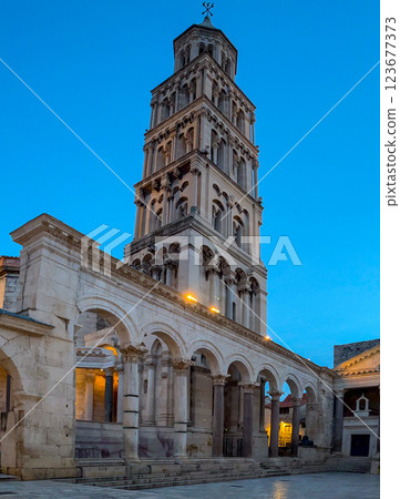 St. Domnius Cathedral illuminated at sunset.Split, Croatia 123677373