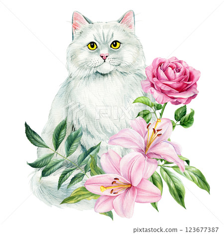 fluffy white cat with pink lilies, roses, green leaves and butterflies watercolor illustration isolated white background 123677387