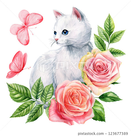 charming white kitten with pink roses green leaves and butterflies watercolor illustration isolated on white background 123677389