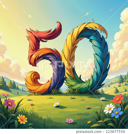 Colorful feather number 50 in a scenic landscape. 123677550