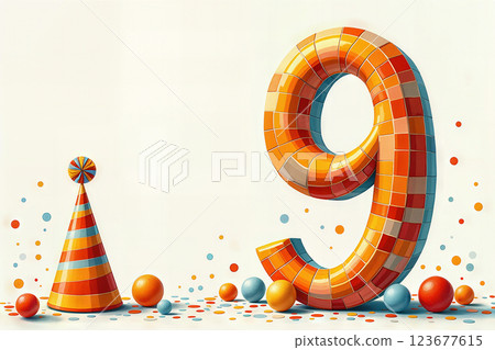 Colorful number 9 with party hat and confetti. 123677615