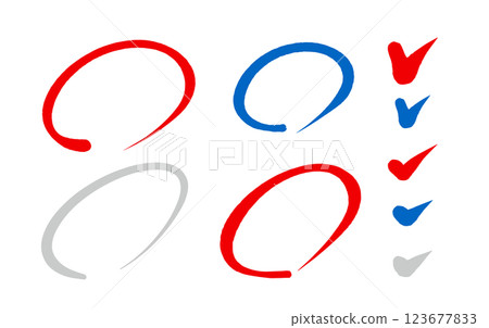 Circle and check mark set, red and blue brush letters, hand-drawn material, white background 123677833