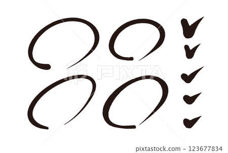 Circle and check mark set, black brush writing, hand-drawn material, white background, monochrome 123677834
