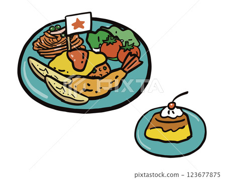 Illustration set of children's lunch served on a blue plate Illustration set of children's lunch served on a blue plate 123677875