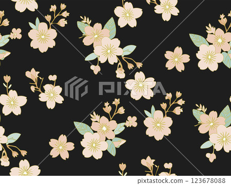 Seamless pattern of cherry blossoms at night, background, Japanese pattern, kimono 123678088