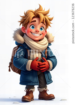 Student with blonde hair in winter gear. 123678236