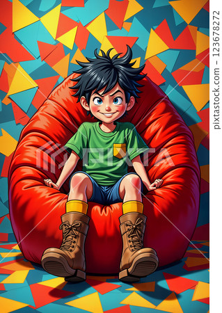 Young adventurer sitting on red bean bag chair. 123678272