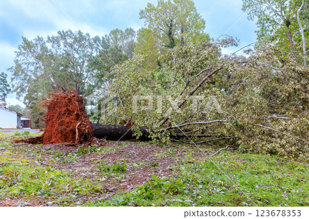 Massive tree has been uprooted lies on its side in rural setting its roots are exposed, showcasing damage caused by recent severe hurricane weather. Massive tree has been uprooted lies on its side in rural setting its roots are exposed, showcasing damage caused by recent severe hurricane weather. 123678353