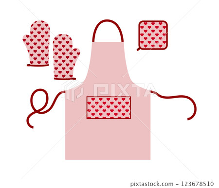 Set of Aprons, Oven Gloves and potholder pink cartoon heart pattern Fashion accessory clothing technical illustration Set of Aprons, Oven Gloves and potholder pink cartoon heart pattern Fashion accessory clothing technical illustration 123678510