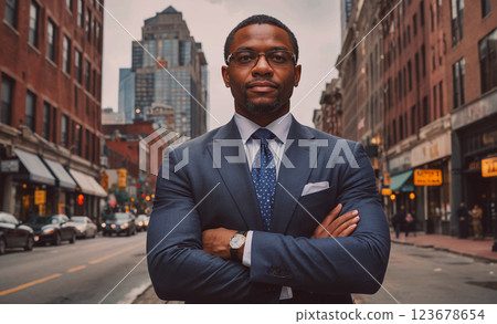 Man in a suit and tie stands on a city street,... - Stock Illustration ...