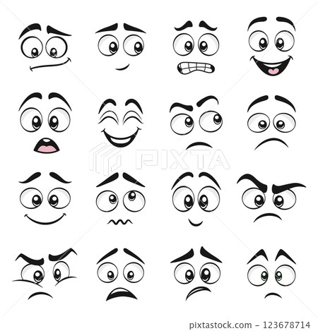 Flat Vector Expressive Cartoon Faces Set. Funny, Happy, Sad, Angry, Surprised, Scared, Confused Face Emotion Collection. Facial Expressions For Comics, Stickers, Social Media Design Elements 123678714