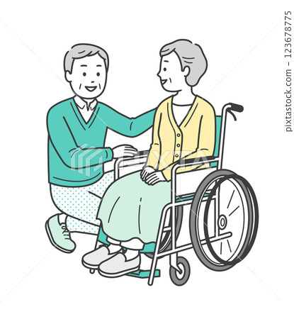 Full-body illustration of an elderly woman in a wheelchair and an elderly man assisting her 123678775