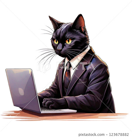 A businessman-style suit cat using a laptop A businessman-style suit cat using a laptop 123678882