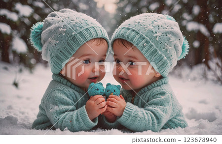 Two babies wearing blue hats and holding teddy bears. The babies are smiling and seem to be enjoying themselves 123678940