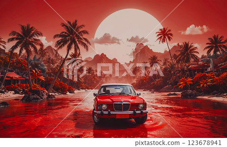 Red car is driving on a red river. The car is in the foreground and the background is a red sunset. The car is driving on a red river, which is surrounded by palm trees. The scene is very colorful and 123678941