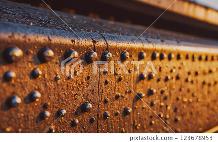 Metal structure with many small holes and a lot of rust. The rust gives the structure a worn and aged appearance, while the holes suggest that it has been used and maintained over time 123678953