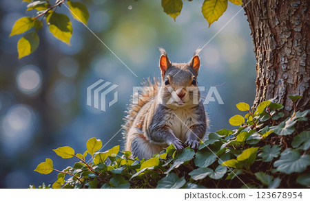 Squirrel is sitting on a tree branch. The tree is surrounded by green leaves and the squirrel is looking at the camera Squirrel is sitting on a tree branch. The tree is surrounded by green leaves and the squirrel is looking at the camera 123678954