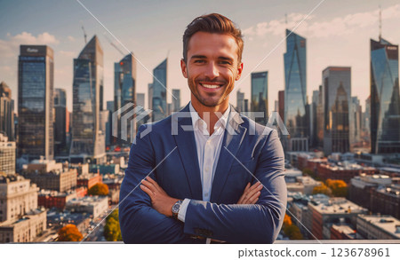 Man in a suit is smiling and posing for a picture in front of a city skyline. Concept of confidence and success, as the man is dressed professionally and he is enjoying himself 123678961