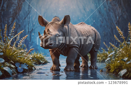 Rhino is walking through a forest with snow on the ground. The scene is peaceful and serene, with the rhino being the main focus of the image 123678991