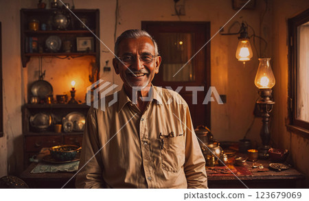 Man is smiling in a kitchen with a table and a lamp. Scene is warm and inviting Man is smiling in a kitchen with a table and a lamp. Scene is warm and inviting 123679069