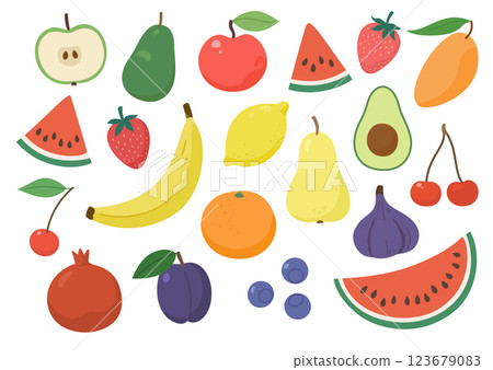 Set of various fruits and fruit slices in simple cartoon style. Hand-drawn vector illustration. 123679083