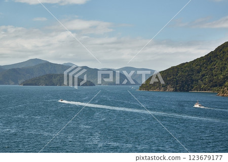 Calm Sea Bay wit Boats, Picton, New Zealand Calm Sea Bay wit Boats, Picton, New Zealand 123679177