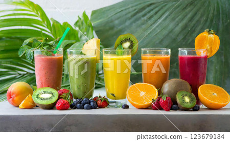Lots of colorful smoothies and fruits 123679184