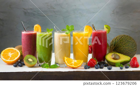Colorful smoothies, multiple copy space 123679206