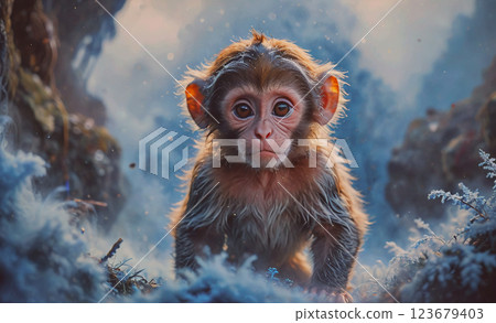 Baby monkey is standing in the snow. The image has a playful and lighthearted mood, as the baby monkey appears to be enjoying the cold weather 123679403