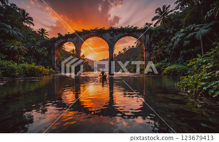 Man is paddling a boat across a river. The sky is orange and the water is calm 123679413