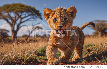 Baby lion is walking through the grass in the wild. The scene is peaceful and serene, with the baby lion looking happy and content 123679433