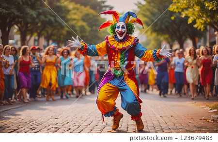 Clown is dancing on a street with a crowd of people watching. The clown is wearing a colorful outfit and a big smile. Scene is cheerful and lively, as the clown is entertaining the crowd with his Clown is dancing on a street with a crowd of people watching. The clown is wearing a colorful outfit and a big smile. Scene is cheerful and lively, as the clown is entertaining the crowd with his 123679483