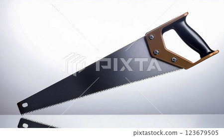 saw and wood, A modern steel hand saw with a black and bronze handle, placed on a reflective surface with a white background saw and wood, A modern steel hand saw with a black and bronze handle, placed on a reflective surface with a white background 123679505