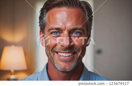 Man with a beard and blue eyes is smiling. He is wearing a blue shirt and a blue tie 123679527