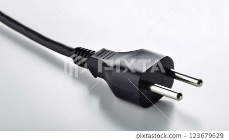 electric plug, Close up of a black power plug with gold prongs on a white background, Electrical connector for power supply electric plug, Close up of a black power plug with gold prongs on a white background, Electrical connector for power supply 123679629
