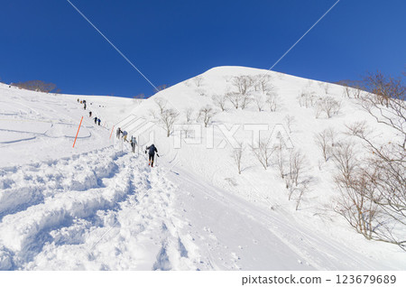 雪中登山：谷川天神山脊的壯麗景色與登山者 123679689