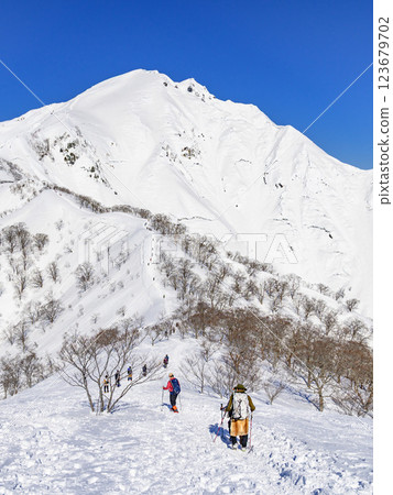 Snowy mountain climbing: The magnificent view of Mount Tanigawa's Tenjin Ridge and climbers Snowy mountain climbing: The magnificent view of Mount Tanigawa's Tenjin Ridge and climbers 123679702