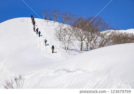 雪中登山：谷川天神山脊的壯麗景色與登山者 123679709